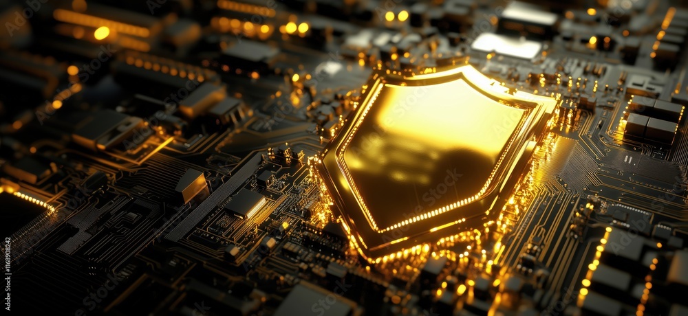 Aufkleber golden shield symbolizing cybersecurity protection on a circuit board, showcasing advanced technolog