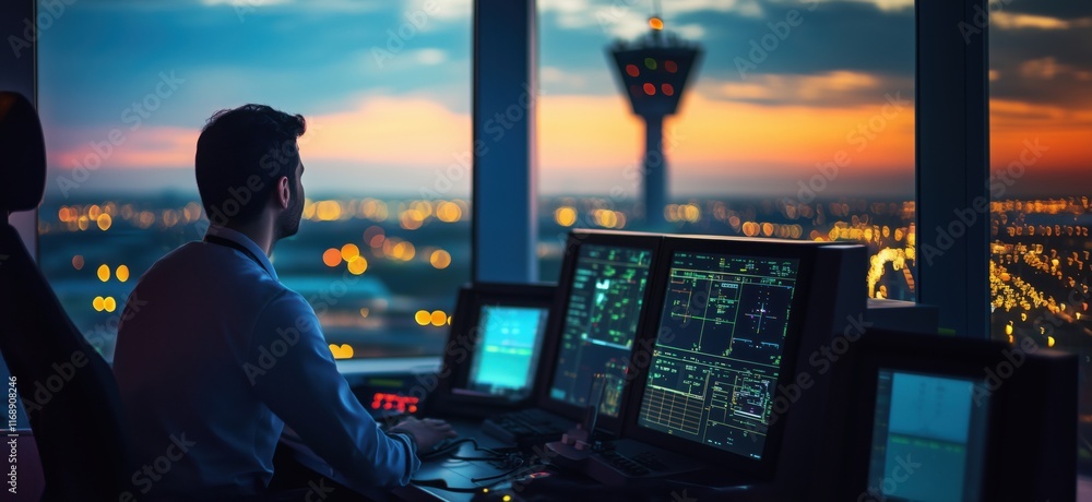 Poster air traffic controller monitoring airport operations at sunset with control screens and tower in bac