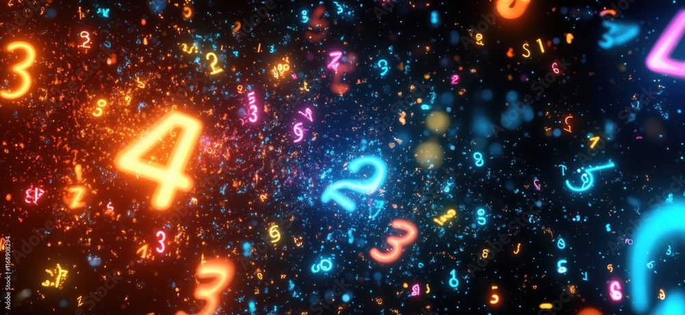 Poster colorful floating numbers in abstract space with glowing effects and sparkles, copy space for text