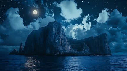 Nighttime Island Scene Under Full Moon And Starry Sky