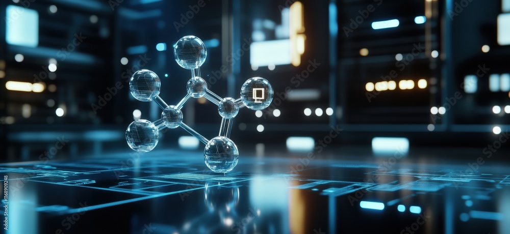 Poster molecular structure visualization in futuristic digital environment with glowing elements and circui