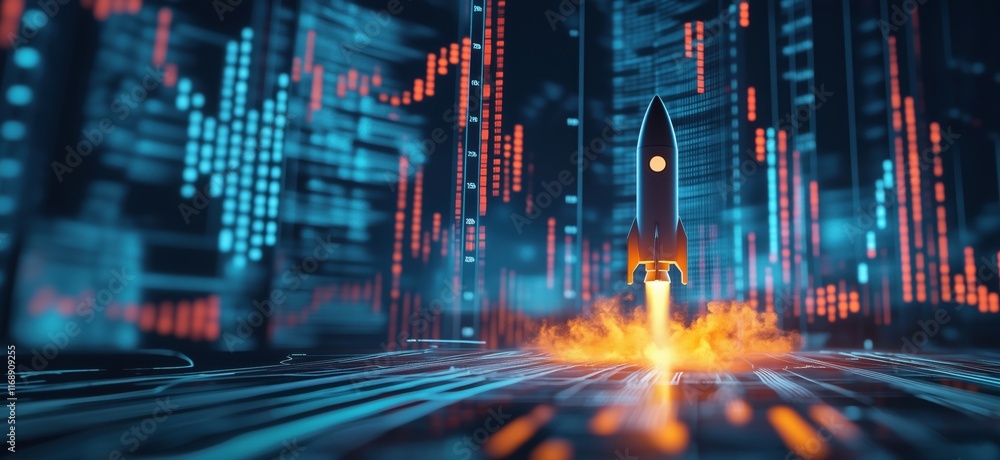 Poster rocket launch amidst digital data streams and financial graphs, symbolizing technological advancemen