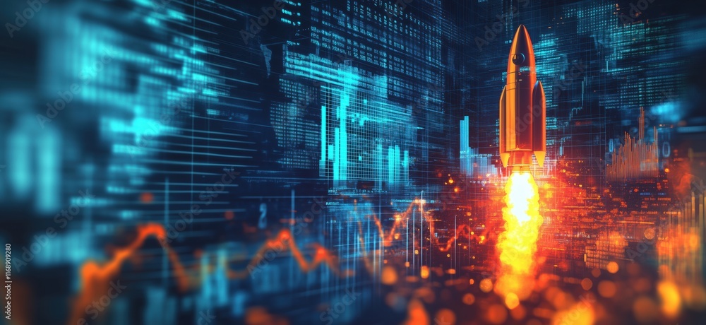 Poster rocket launching into digital space with data visualization and graphs, copy space for text