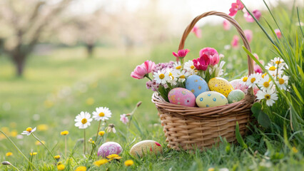 Fototapeta premium A wicker basket overflowing with colourful Easter eggs against a nature backdrop of flowers and greenery. This scene evokes feelings of joy, hope and celebration of spring