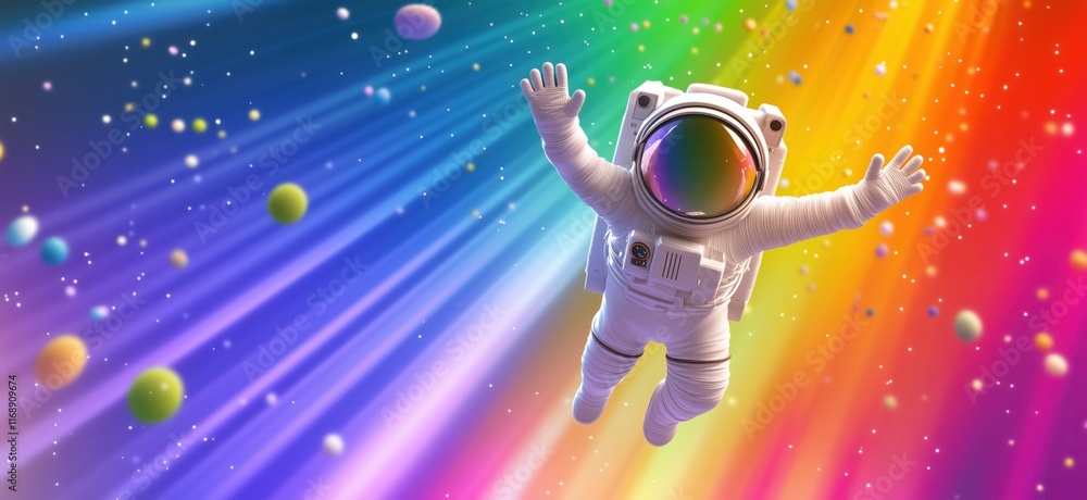 Poster astronaut floating in vibrant cosmic space with colorful rays and planets, exploring the universe, c