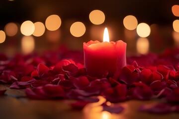 Burning red candle surrounded by rose petals creating romantic atmosphere