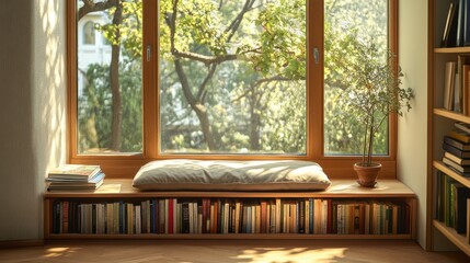quiet reading corner by the window with many books, cozy reading corner