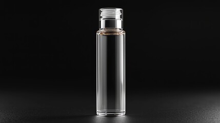 Clear glass bottle with a transparent cap on a black background.