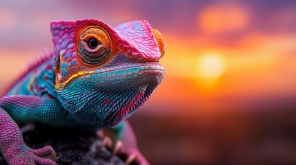 A striking chameleon captured in vivid colors against a breathtaking sunset, showcasing nature's beauty and the contrast between vibrant wildlife and serene landscapes, inviting viewers to appreciate