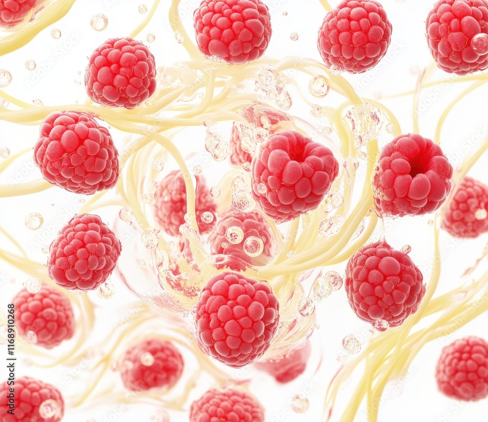 Poster abstract representation of red berries surrounded by delicate strands and bubbles, showcasing vibran