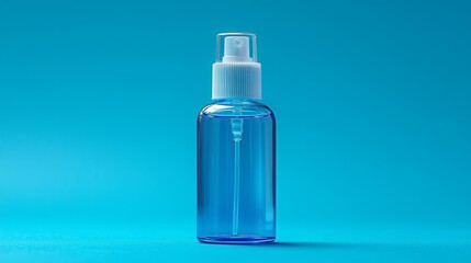 Clear spray bottle with blue liquid against a blue background.