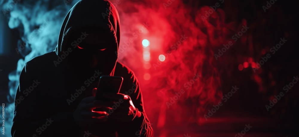 Poster mysterious hooded figure using smartphone in dark environment with red and blue smoke effects, creat
