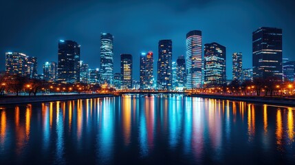 Fototapeta premium A stunning night view of a city skyline reflected in water, illuminated by colorful lights and surrounded by tall buildings.