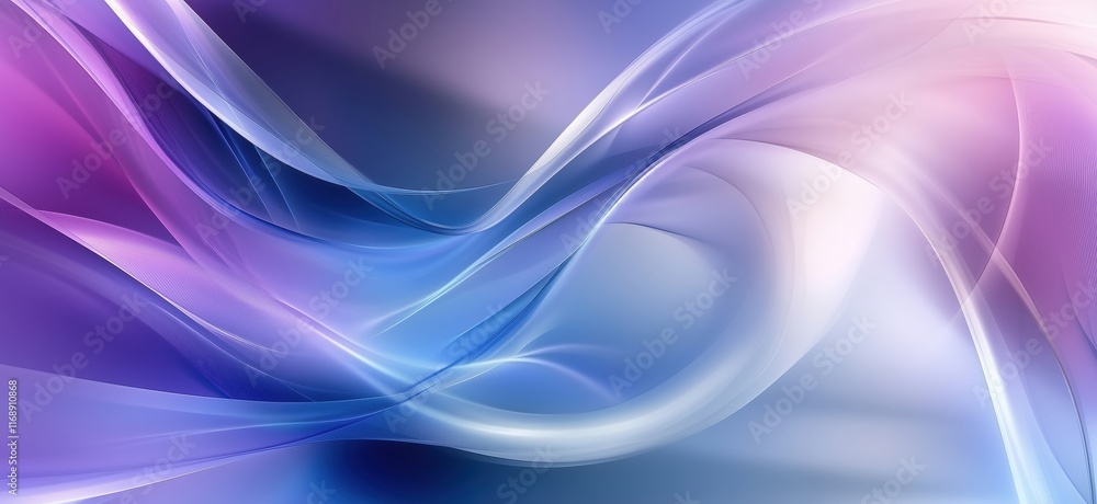 Poster abstract flowing waves in purple and blue hues, soft gradients and smooth curves create a serene and