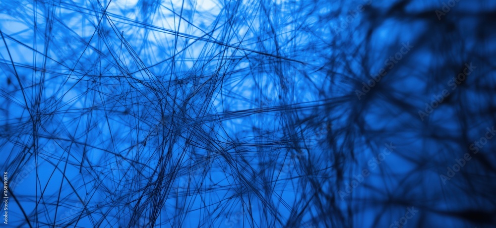 Poster Abstract blue lines and fibers creating intricate patterns and textures, resembling a web of interconnected strands in a digital space, copy space for text