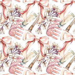 A seamless pattern with a beauty theme, featuring beautiful bows, hairpins and makeup brushes. Watercolor hand drawn illustration. Fashion sketch. Art for design, beauty, advertising. Stylish graphic
