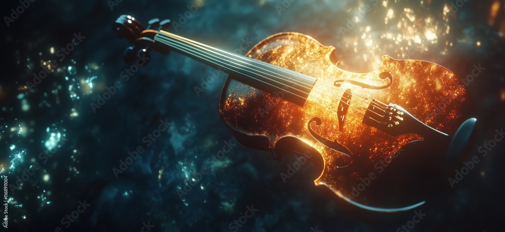 Poster glowing violin floating in cosmic space, ethereal light illuminating strings and body, magical atmos