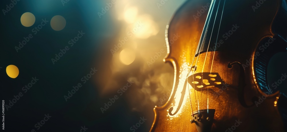 Poster violin close-up illuminated by soft light, showcasing intricate wood grain and craftsmanship, with b