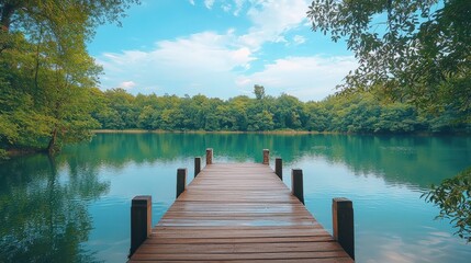 Obraz premium A serene wooden pier stretches into a tranquil lake, surrounded by lush greenery and a clear blue sky, inviting peace and reflection.