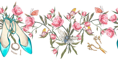 A seamless border with a beauty theme, which contains beautiful hairpins and makeup brushes. Watercolor hand drawn illustration. Fashion sketch. Art for design, beauty, advertising. Stylish graphic