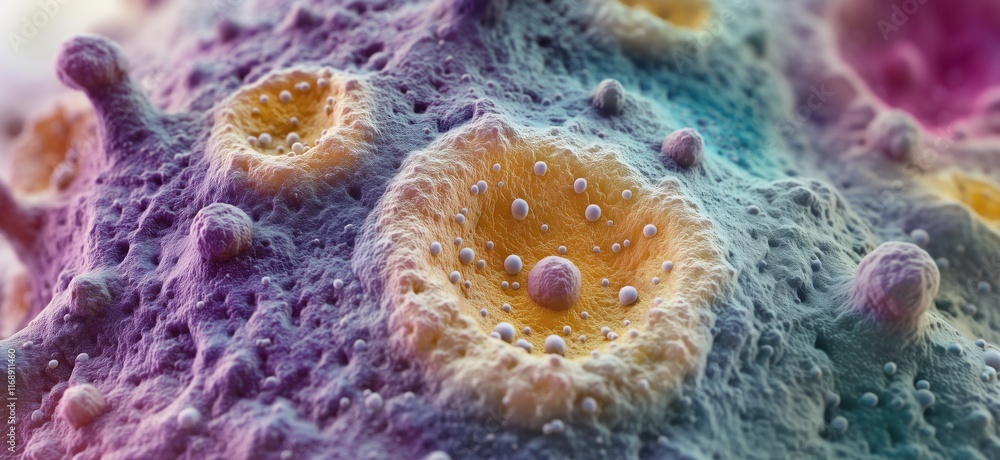 Poster microscopic view of colorful cells showcasing intricate textures and structures, highlighting cellul