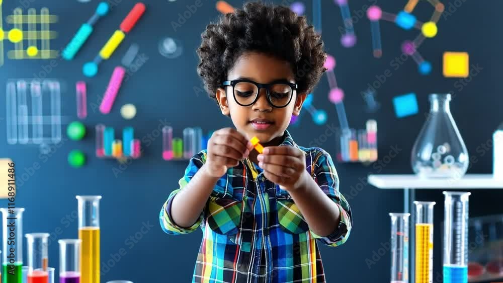 Poster young boy engaged in colorful science experiments in a classroom environment with various test tubes