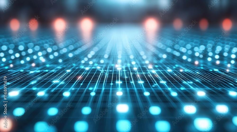 Poster grid abstract background idea. futuristic digital landscape with glowing dots and lines in vibrant b