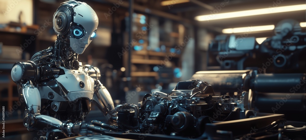 Poster Advanced humanoid robot working on complex machinery in futuristic workshop, showcasing intricate design and technology, copy space for text