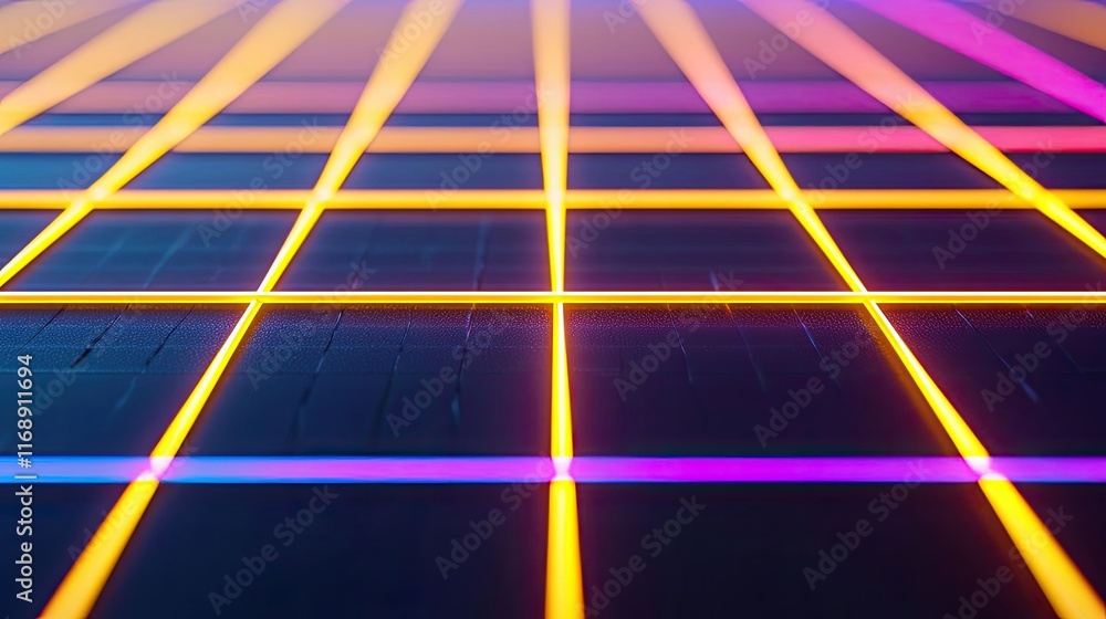 Poster grid abstract background idea. a vibrant grid pattern of colorful neon lights on a dark surface, per