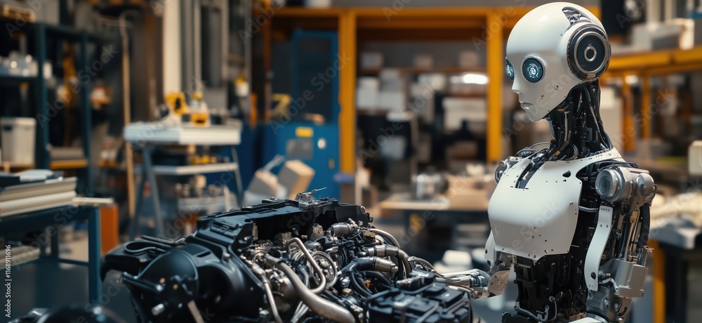 Poster robot mechanic analyzing engine in industrial workshop, advanced technology and automation, futurist