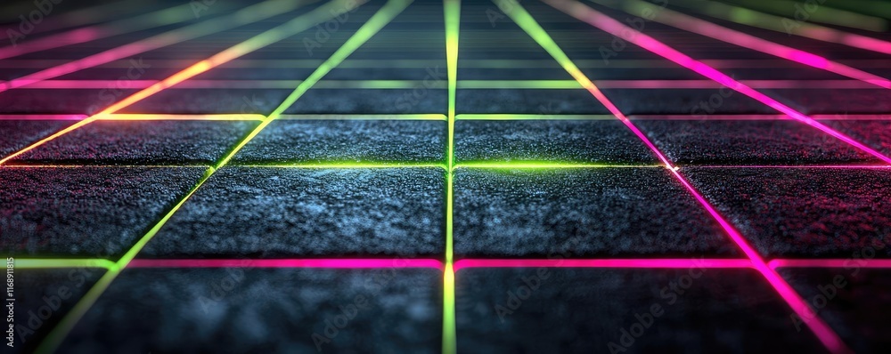 Aufkleber grid abstract background idea. a vibrant grid pattern with neon colors on a dark background, ideal f