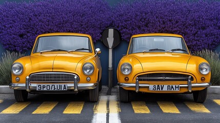 Two Yellow Classic Cars Parked Near Lavender Bushes