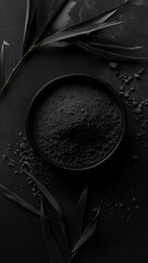 Photorealistic flat lay of black powder in a bowl surrounded by leaves on a dark surface