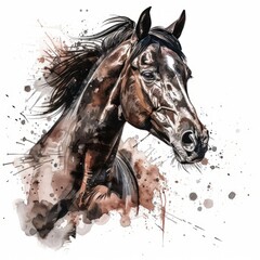 Obraz premium Watercolor portrait of a horse with paint splashes on a white background.