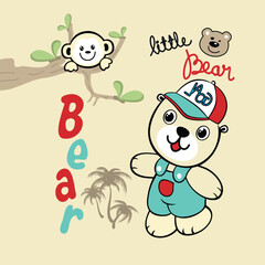 Cute bear vector character playing joyfully with little friend and looking happy
