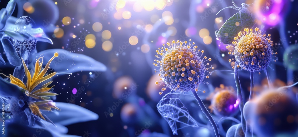 Poster microscopic view of vibrant microorganisms and floral structures, showcasing intricate details and c