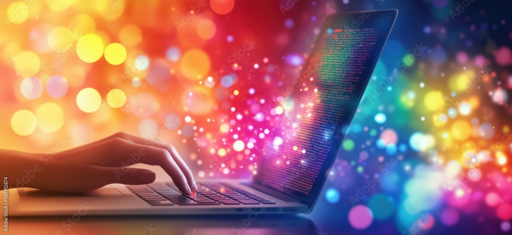 Poster colorful digital interface with vibrant bokeh effects and coding on laptop screen, showcasing techno