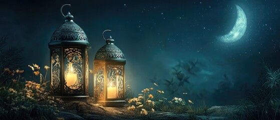 Fototapeta premium arabic lantern of ramadan celebration background illustration. copy space area background