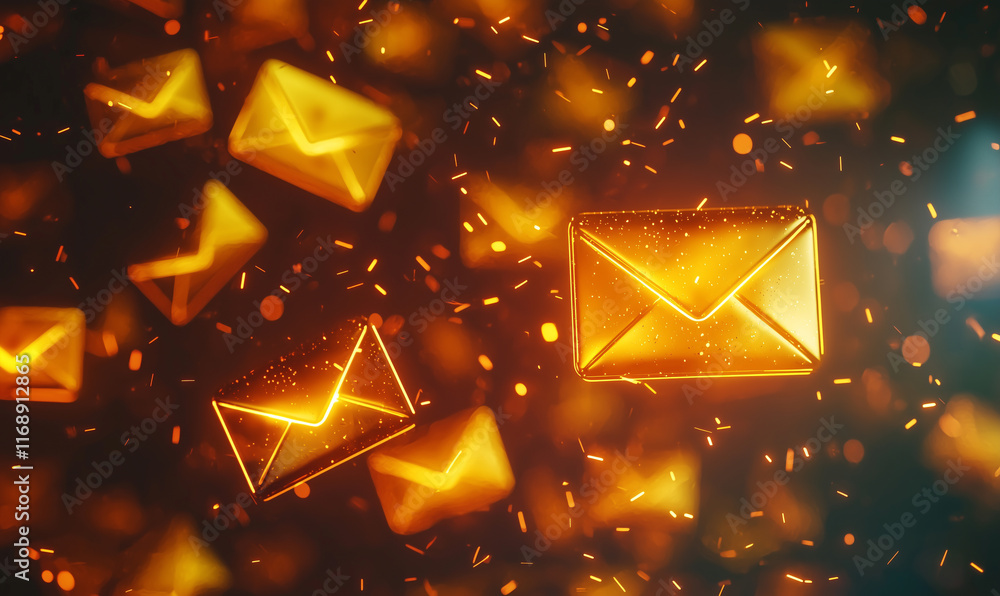 Poster glowing envelopes in vibrant colors float against a dark background, symbolizing digital communicati