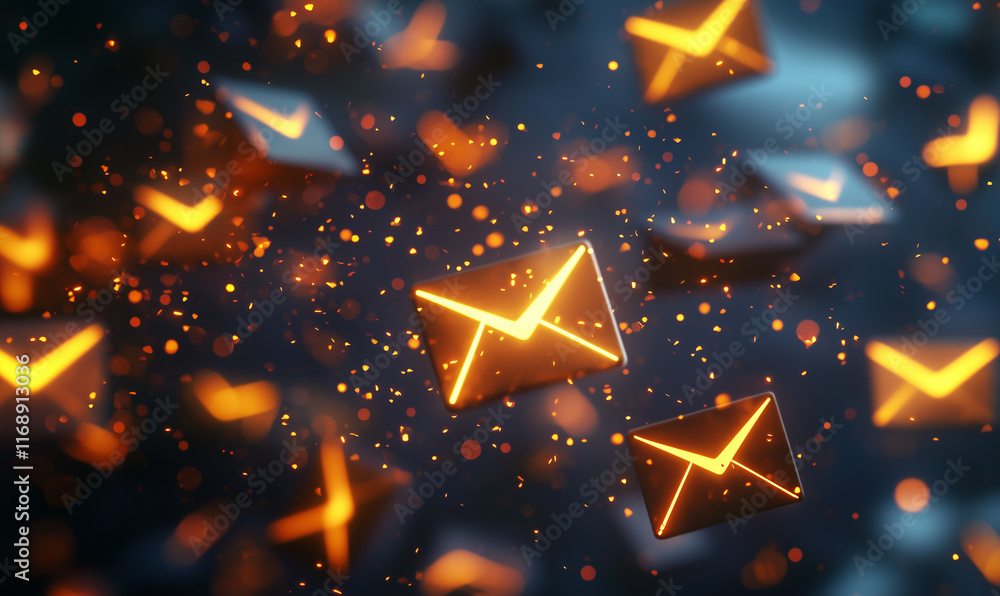 Aufkleber falling glowing envelopes with a dark background, symbolizing digital communication and messages in 