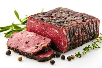 Smoked beef brisket with black pepper and herbs on white background