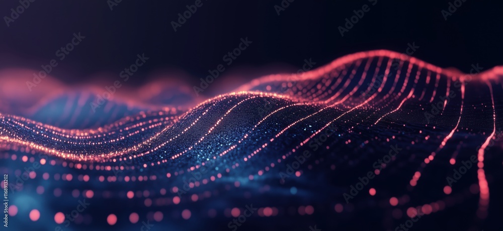 Poster abstract digital landscape with glowing lines and particles, representing data visualization and tec