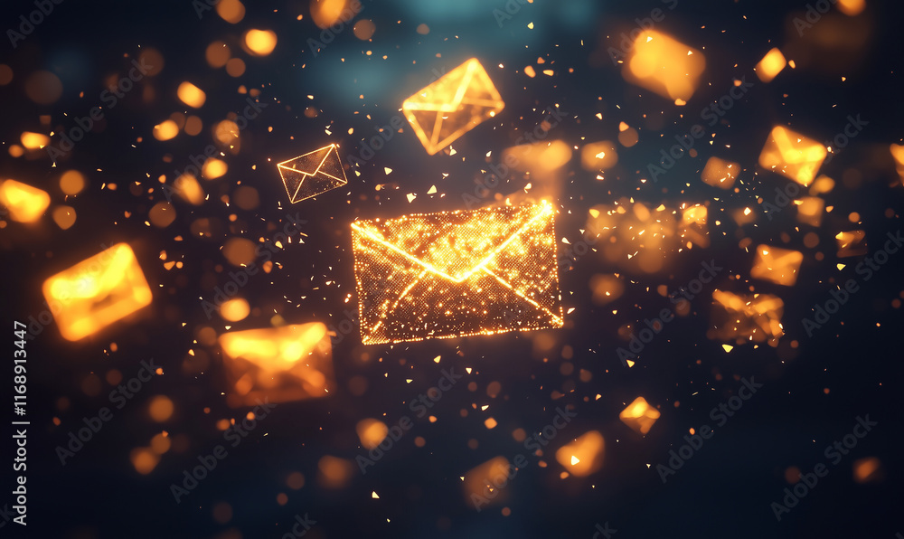Poster golden envelopes float in a dark space, emitting a glowing light, creating a sense of digital commun