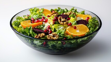 Fresh beet, citrus, pomegranate salad in glass bowl on white.
