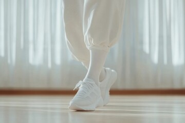 Fototapeta premium Dancer wearing white sneakers and sweatpants is practicing a new choreography