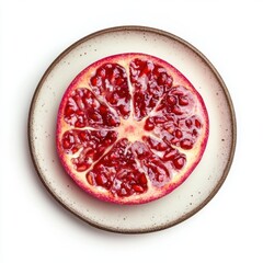 Close-up of a Freshly Cut Pomegranate Half Showcasing Juicy Red Arils on a Rustic Ceramic Plate Against a Minimalist White Background