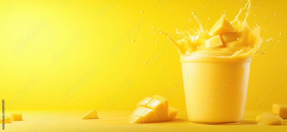 Poster mango smoothie splash in yellow background with fresh mango chunks, vibrant and refreshing drink con
