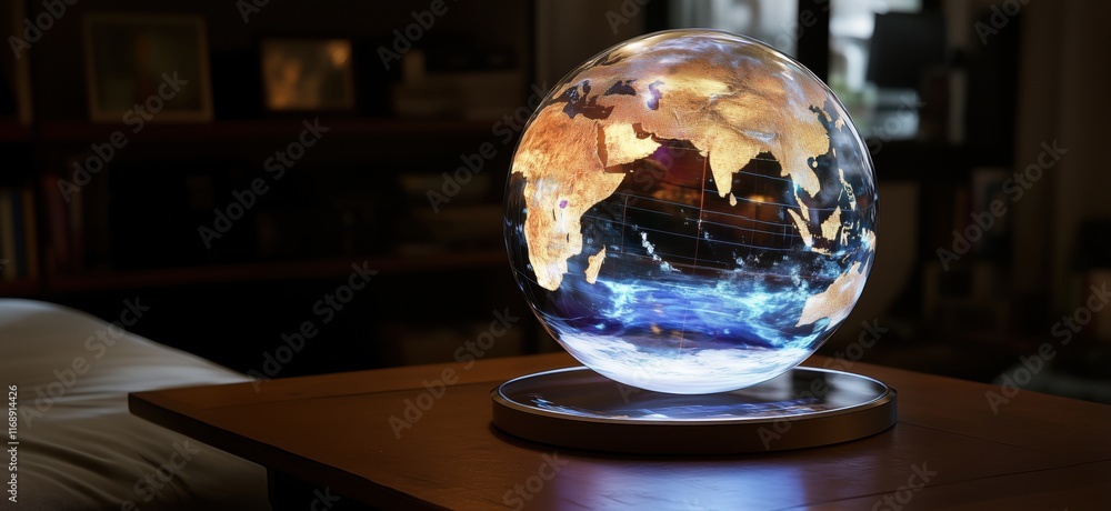 Poster illuminated 3d globe displaying earthâ€™s continents and oceans with dynamic lighting effects, copy 
