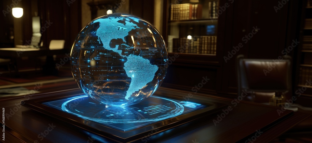 Poster holographic globe displaying americas with digital data overlay in luxurious library setting, copy s
