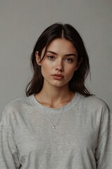 Fototapeta premium Portrait of a Serene Woman: A captivating portrait of a young woman with long dark hair, showcasing her natural beauty and serene expression.